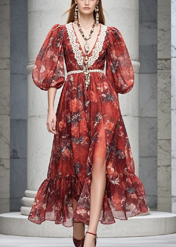 Women Red V Neck Print Chiffon Dresses Flare Sleeve Streetwear Style for 