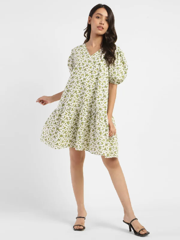 Women's Floral Print V Neck Dress Monochromatic All - in - one