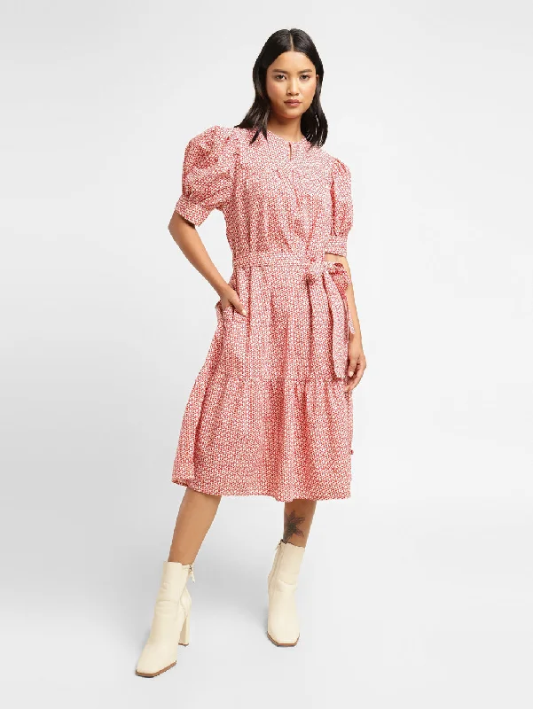 Women's Printed Cream Round Neck Dress Practical Women's Multi - 