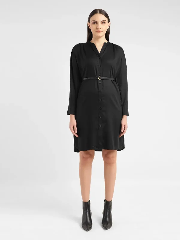 Women's Solid Black Band Neck Dress British Gentlewoman Style
