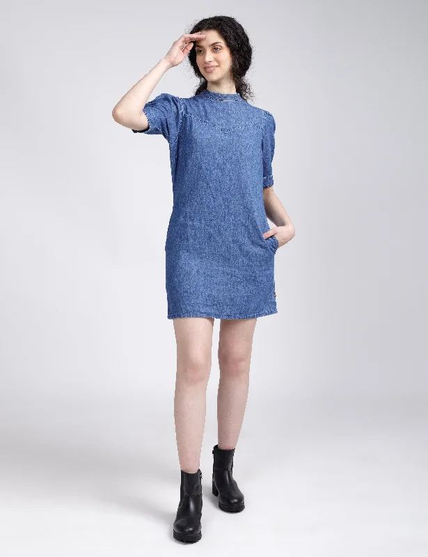 Women's Solid Blue Collar Neck Dress Polished Women's Silk