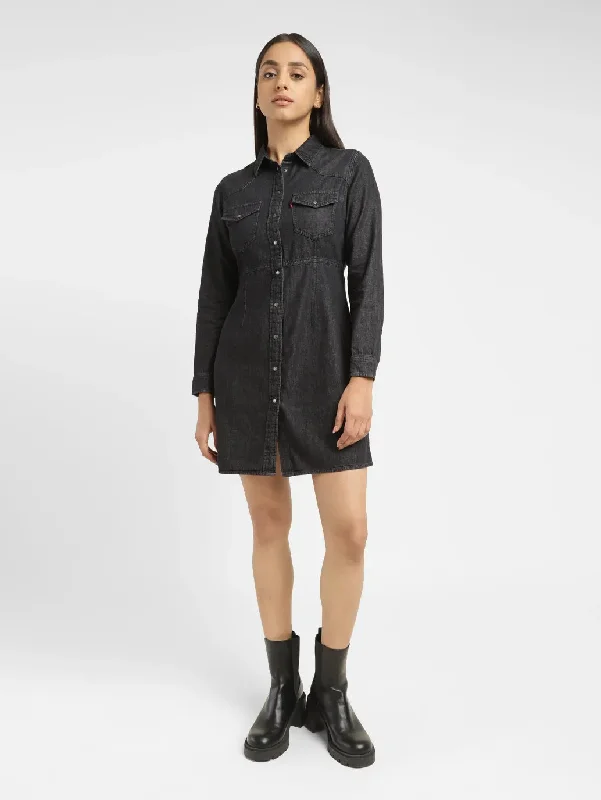 Women's Solid Black Spread Collar Dress Gym