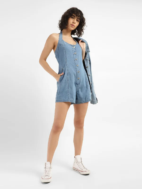Women's Solid Blue Collar Romper Dress Women