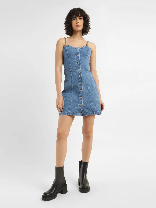 Women's Sweetheart Neck Denim Mini Dress Rugged Women's Outdoor 