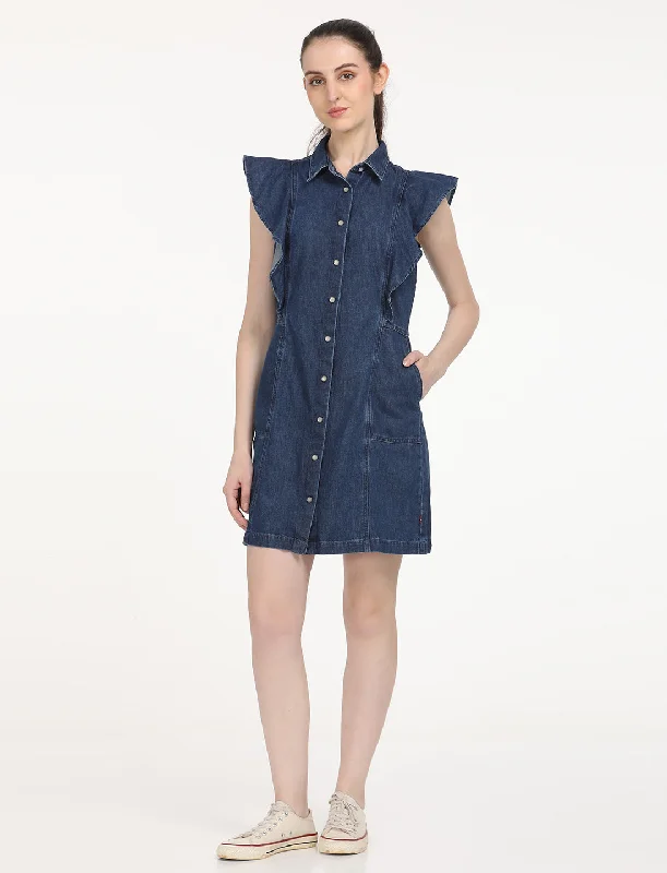 Women's Solid Blue Spread Collar Dress Bold Women's Animal Print