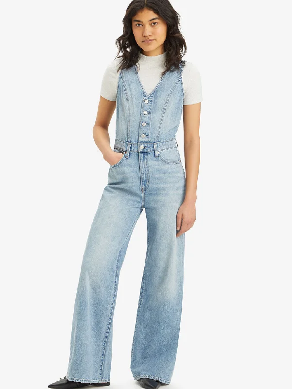 Women's Solid Blue V Neck Jumpsuit Casual Women's Japanese 