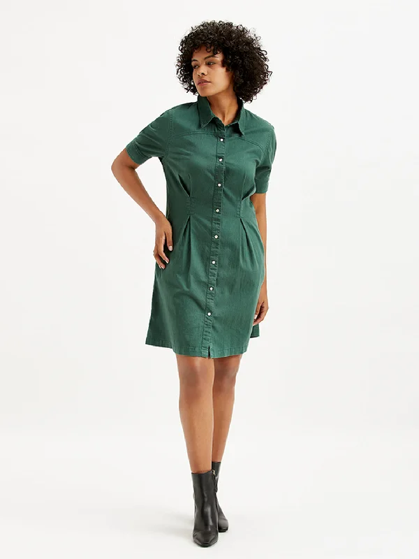Women's Solid Green Spread Collar Shirt Dress Dapper Women's Bow - adorned