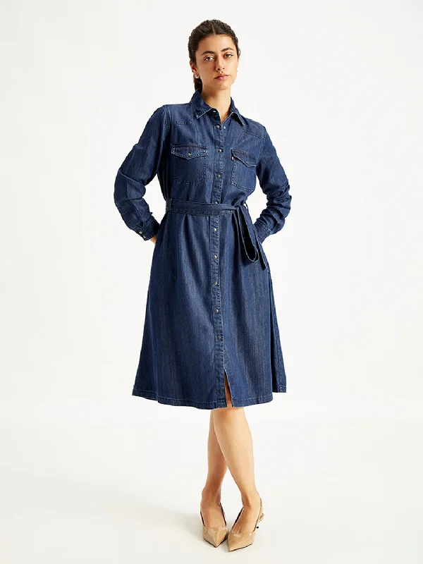 Women's Solid Indigo Spread Collar Shirt Dress purpose