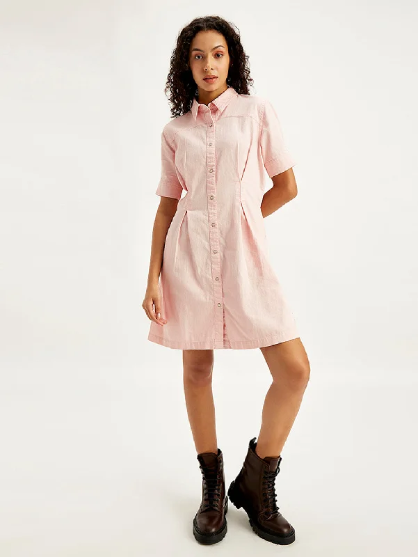 Women's Solid Light Pink Spread Collar Shirt Dress Modern Women's 