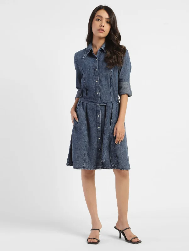 Women's Solid Mid Indigo Shirt Collar Dresses Monochromatic Office Style