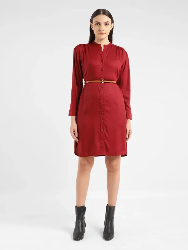 Women's Solid Red Band Neck Dress Casual Women's Japanese 