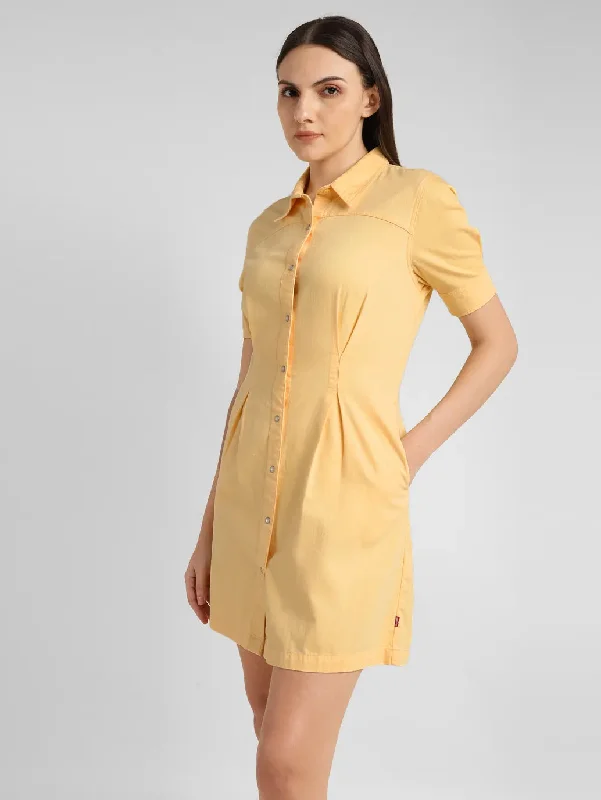 Women's Solid Yellow Spread Collar Dress Cool Women's Skate